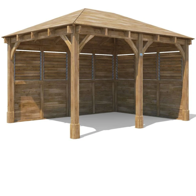 Image of Dunster House Wooden Gazebo Kit Louvre Walled 4M X 3M Heavy Duty Garden Shelter Roof Shingles Leviathan