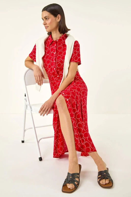 Image of Roman Womens Geo Print Belted Shirt Dress in Red Size: 16 Red Female 16