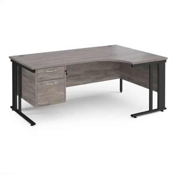 Image of Maestro 25 right hand ergonomic desk 1800mm wide with 2 drawer pedestal - Black cable managed leg frame, grey oak top