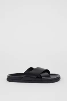 Black Leather Crossover Strap Sandals