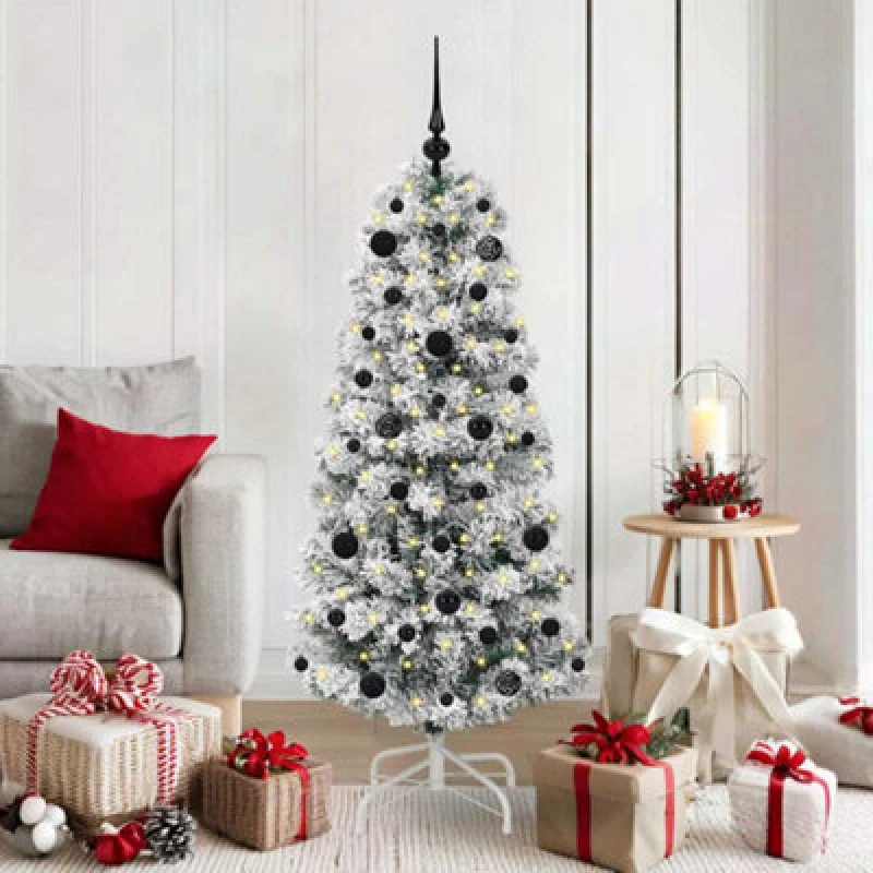 Image of vidaXL Artificial Hinged Christmas Tree with Black Balls Green and white 150 cm, Green 3395587