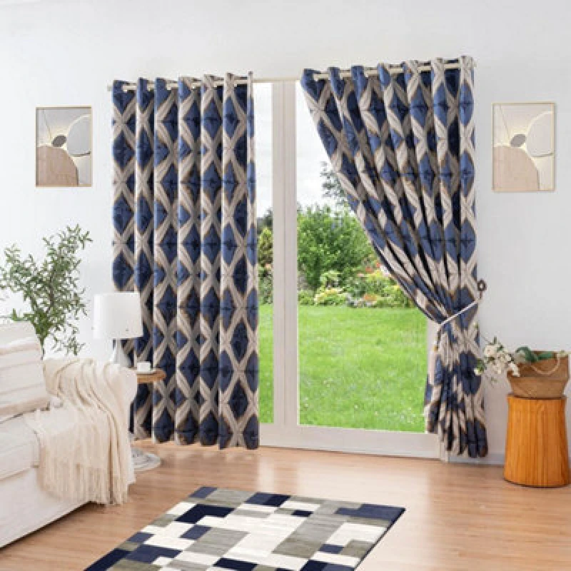Image of Luxury Living Luxury Diamond Jacquard Fully Lined Ring Top Curtains With Metallic Thread 168Cm X 137Cm Blue/gold