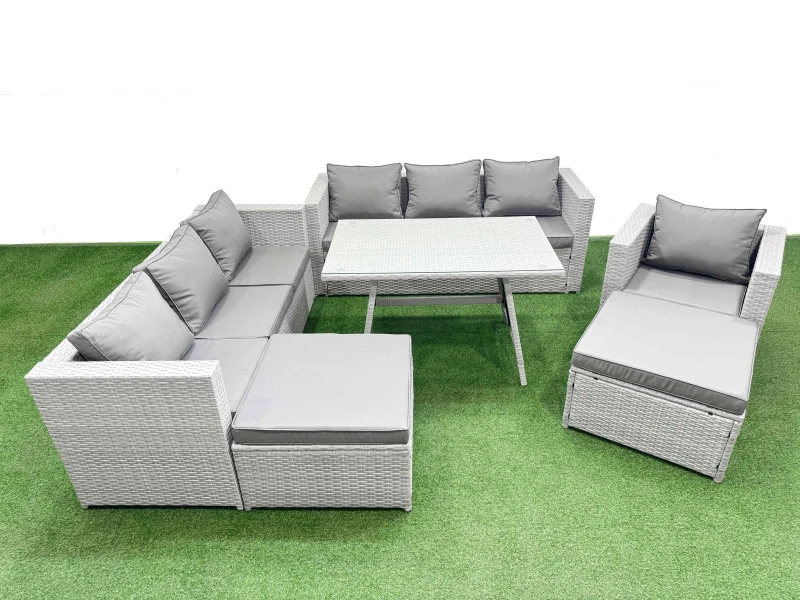 Image of Fimous 9-seater Patio 3 Seater Sofa Armchair Set with 2 Big Stools in Light Grey Light Grey Unisex