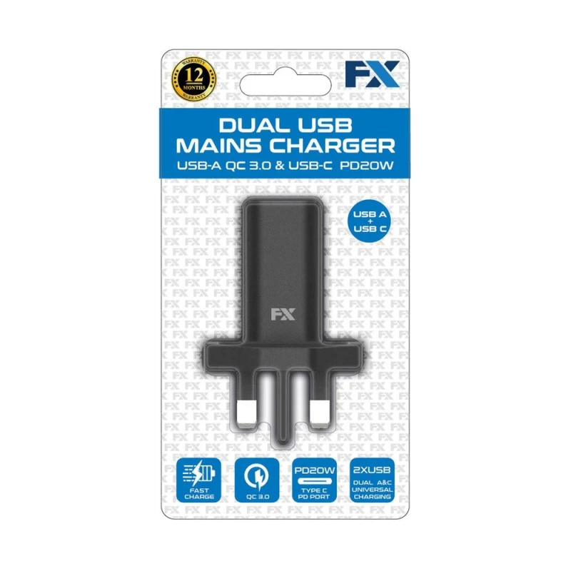 Image of FX Fast-Charging Dual USB UK Main Charger, White - Portable, Travel-Friendly, High Quality