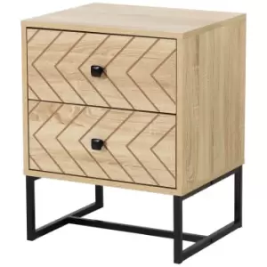 image of Homcom Bedside Table Chevron Design With 2 Drawers Black Metal Base Melamine Natural Wood Colour