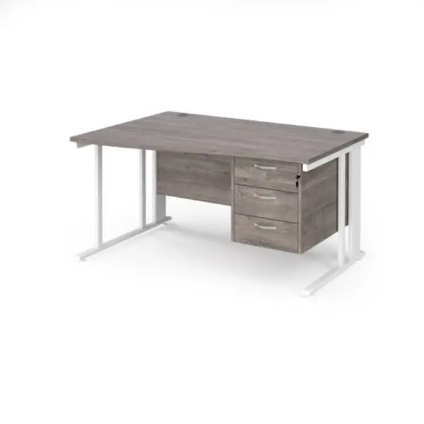 Image of Maestro 25 left hand wave desk 1400mm wide with 3 drawer pedestal - white cable managed leg frame, grey oak top