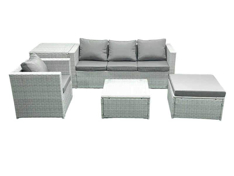 Image of Fimous Garden Outdoor Furniture Set 5 Seater Rattan Sofa Set with Big Footstool Armchair Side Table Light Grey Mixed Light Grey