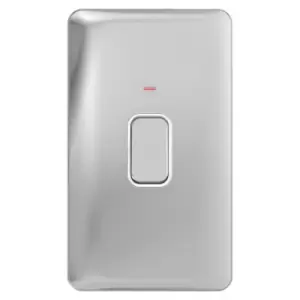 image of Schneider Electric Lisse Screwless Deco - Double 1 Way Light Switch, with Neon Indicator, Double Pole, 50A, GGBL4021WPC, Polished Chrome with White In