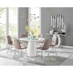 Image of Furniture Box Palma White High Gloss Round Dining Table and 6 Cappuccino Corona Silver Chairs