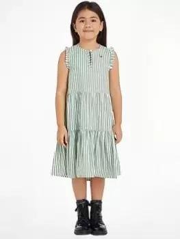 Image of Tommy Hilfiger Girls Striped Ruffle Dress - Spring Lime Stripe, Green, Size 8 Years, Women