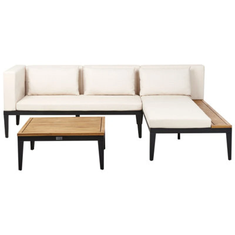 Image of Beliani Garden Corner Sofa With Table 3 Seater Bracciano Left Hand Certified Acacia Wood Light Beige