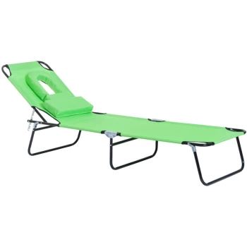 Image of Sun Lounger Foldable Reclining Chair with Pillow and Reading Hole Garden Beach Outdoor Recliner Adjustable Green - Outsunny