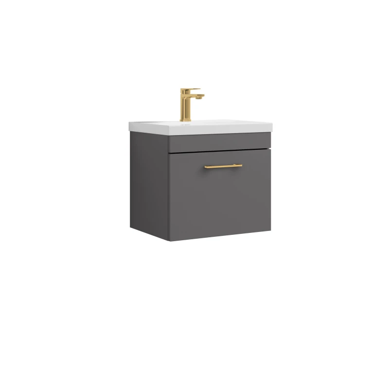 Image of Balterley 1 Drawer Wall Hung Vanity Basin Unit Grey Brushed Brass Handle 500mm Grey