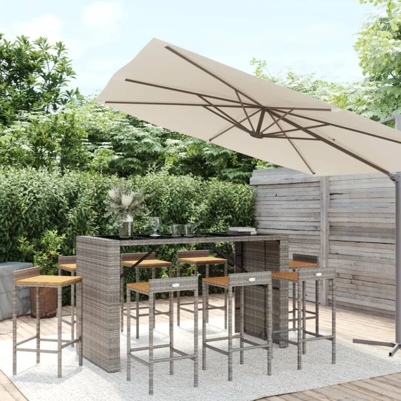 Image of VIDAXL 9 Piece Garden Bar Set Grey Poly Rattan& Solid Wood Acacia Vidaxl 8720845880705
