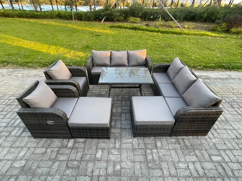Image of Fimous Rattan Garden Furniture Dining Set 10 seater Patio Rectangular Table 2 Big Footstool Dark Grey Mixed Dark Grey