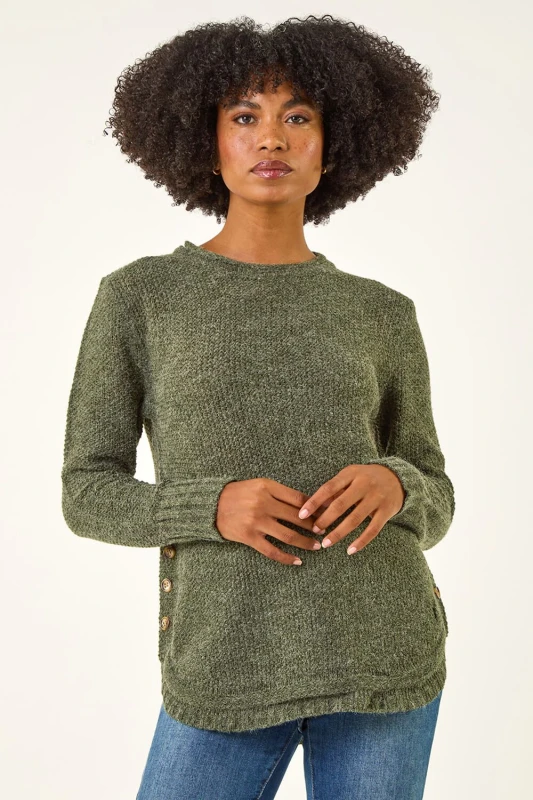Image of Roman Button Detail Curved Hem Jumper Khaki