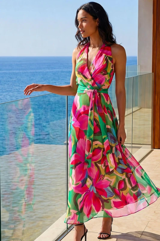 Image of Roman Floral Print Halterneck Maxi Dress Cerise