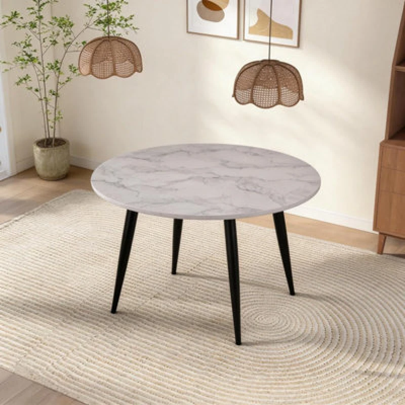 Image of 116Cm Round Dining Table With Black Metal Legs - White Marble