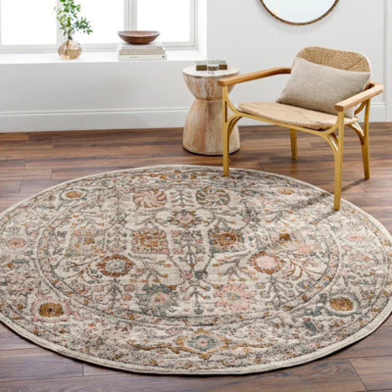 Image of Livabliss Round Vintage Oriental Boho Burnt Orange Amira Area Rug 160 X 160 Cm - Easy Care, Non Shedding, Ideal For Living Room & Bedroom