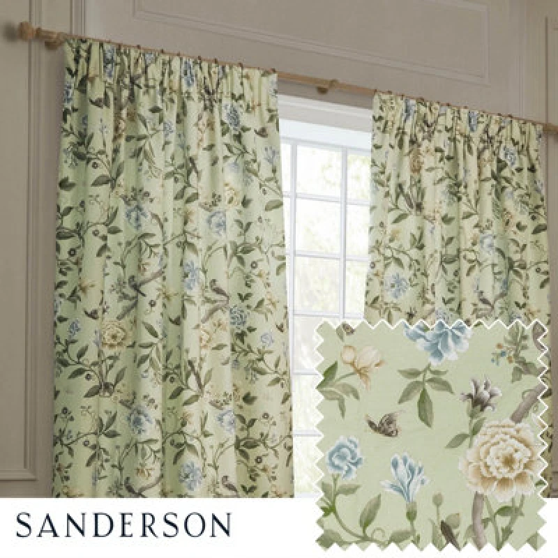 Image of Sanderson Sanderson Porcelain Garden Printed Chenille Room Darkening Pencil Pleat Curtains in Light Green Size: 117cm width x 137cm drop Light Green