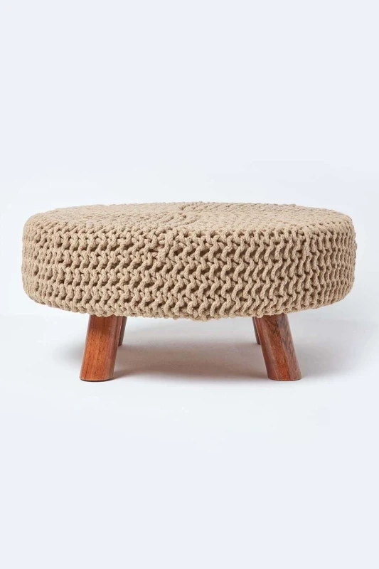 Image of Homescapes Large Round Cotton Knitted Footstool on Legs Beige