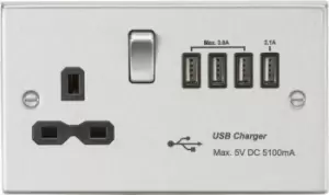 image of Knightsbridge 13A switched socket with quad USB charger (5.1A) - brushed chrome with Black insert - CS7USB4BC