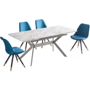 Image of 5 Pieces Life Interiors Sofia Blaze Dining Set - a White Extendable Rectangular Wooden Dining Table and Set of 4 Blue Dining Chairs - Blue