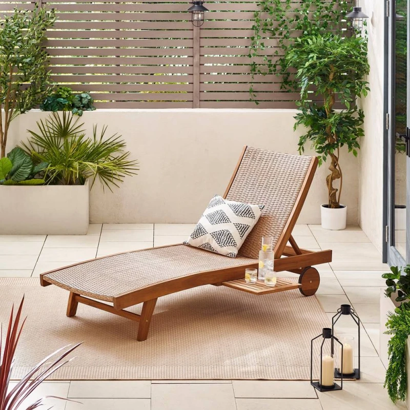 Image of FurnitureboxUK Nata Sun Lounger - Solid Wood Brown Rattan and Black Metal with Adjustable Back Light Beige