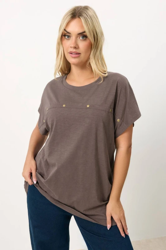 Image of Yours Womens Stud Grown On Sleeve T-Shirt in Chocolate Size: 14 Chocolate Female 14