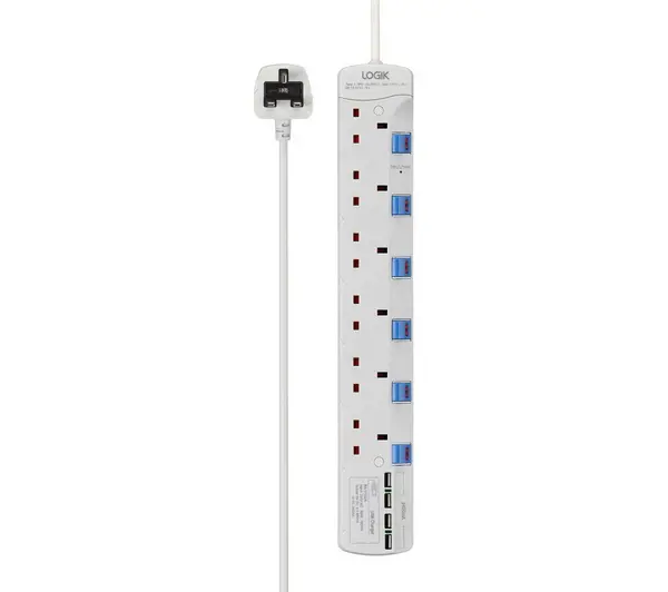 Image of Logik L6W2SU18 Surge Protected 6-Socket Extension Lead with USB 2m