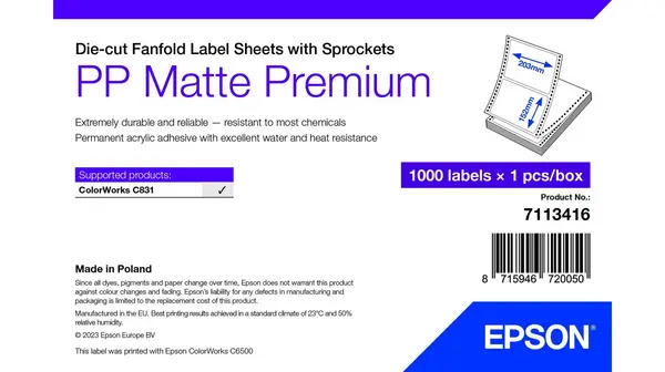 Image of Epson 7113416 Premium Matte Fanfold Label 152mm x 203mm - 1000 Pack (Original)