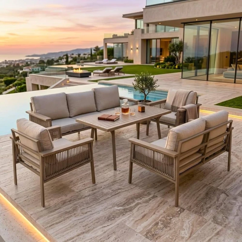 Image of Shatchi Luxury Outdoor Aluminium Sofa Set - Modern Garden Furniture with Coffee Table in Beige Beige Unisex