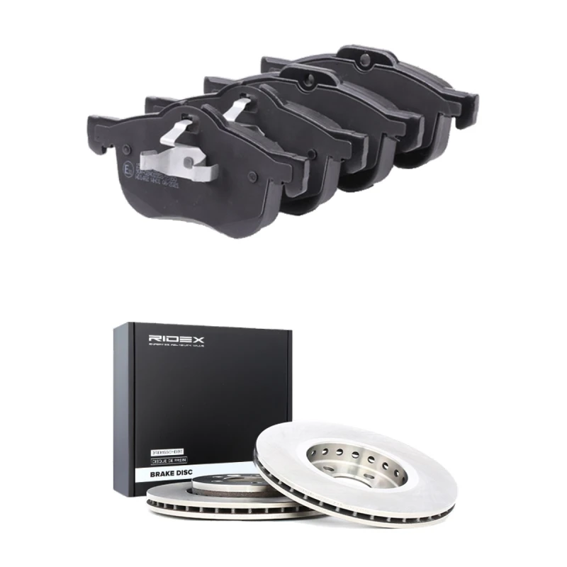 Image of RIDEX 3405B2536 Brake disc and pads set Front Axle, Brake Disc Type: internally vented, prepared for wear warning indicator Brake Set,disc brakes (34