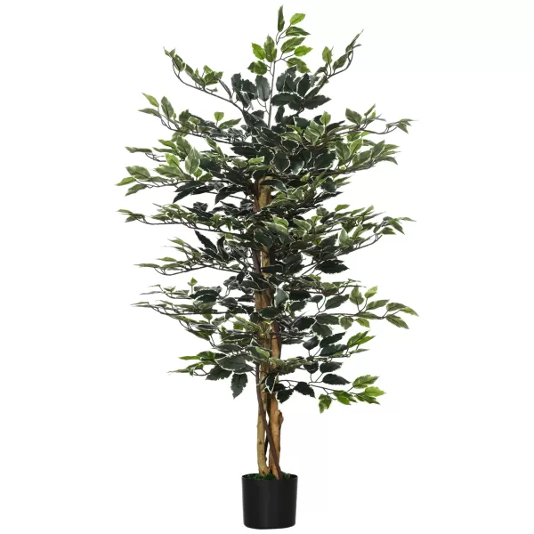 Image of HOMCOM Artificial Ficus Tree in Pot, 130cm Tall Fake Plant with Lifelike Leaves and Natural Trunks, for Indoor Outdoor, Green