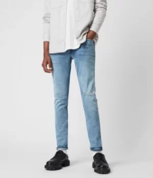 Image of AllSaints Mens Rex Damaged Slim Jeans, Dirty Indigo, Blue, Size: 28