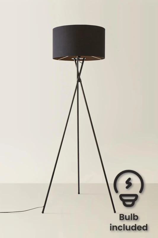 Image of ValueLights ValueLights Camden Black Metal Tripod Floor Lamp with Drum Lamp Shade and LED Bulb Black One Size Unisex 5055759991197