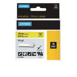 Image of Dymo Rhino Coloured Vinyl Labels Black on Yellow 19mmx5.5m 18433