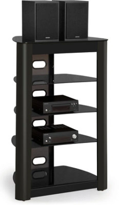 Image of CENTURION SUPPORTS Centurion Supports - Zinnia 5-Shelf Black Glass with Gloss Black Fascia Flat Screen tv / Hi-Fi / av Rack Glass Stand Zinnia Black