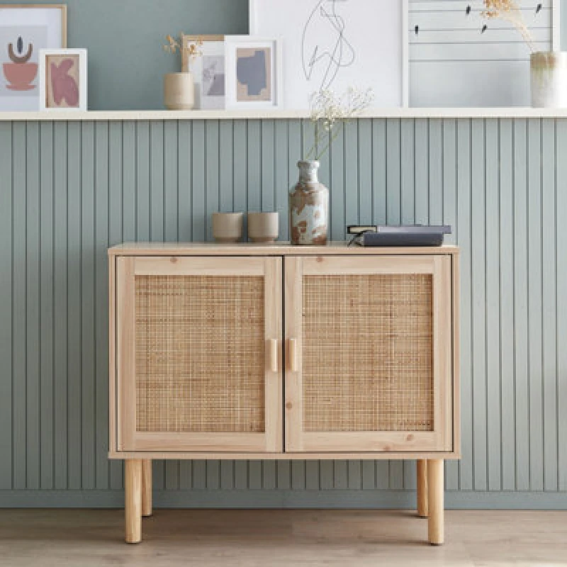 Image of sweeek 80cm Cabinet With Wood And Rattan Decor With 2 Doors Light Brown