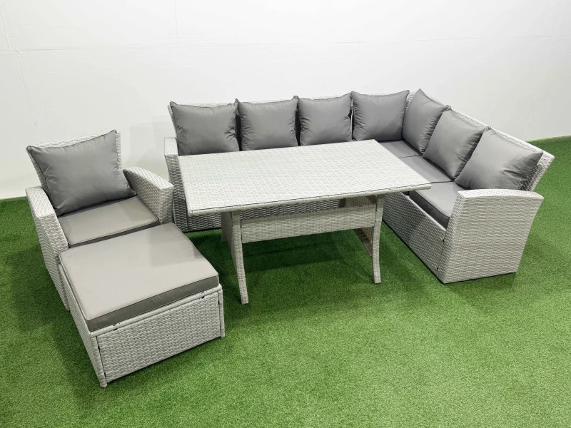 Image of Fimous Rattan Garden Furniture Set Outdoor 8 Seater Dining Corner Sofa Sets in Light Grey Light Grey Unisex