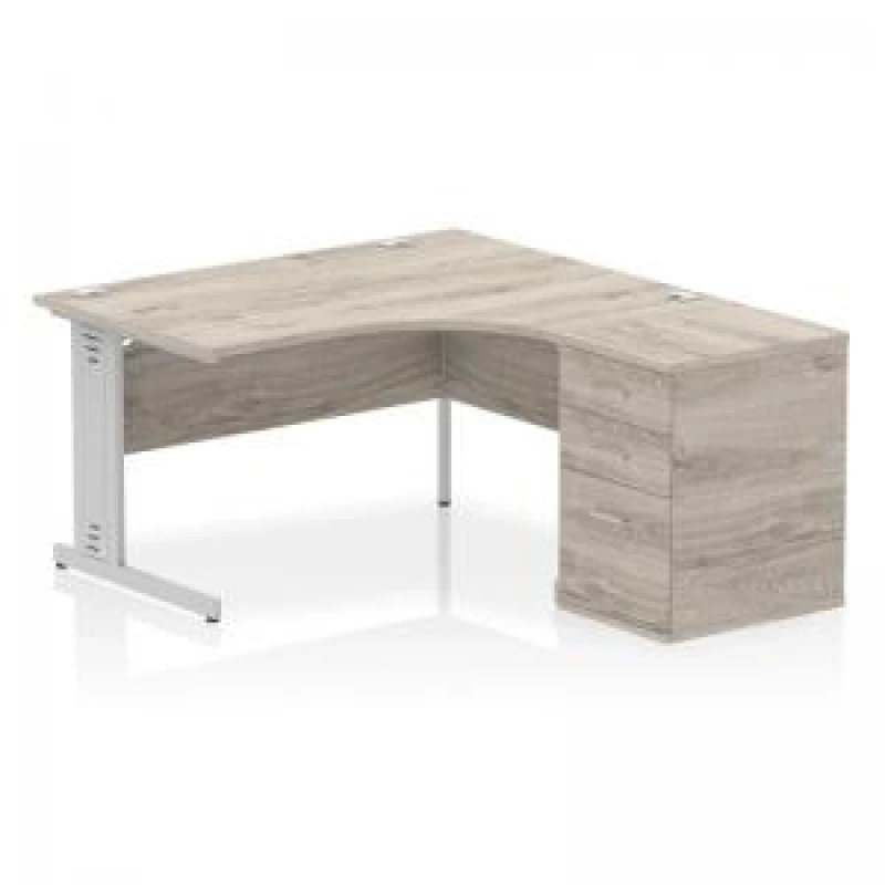 Image of Impulse Impulse 1400mm Right Crescent Office Desk Grey Oak Top Silver Cable Managed Leg Workstation 600 Deep Desk High Pedestal IWSRW146GRY