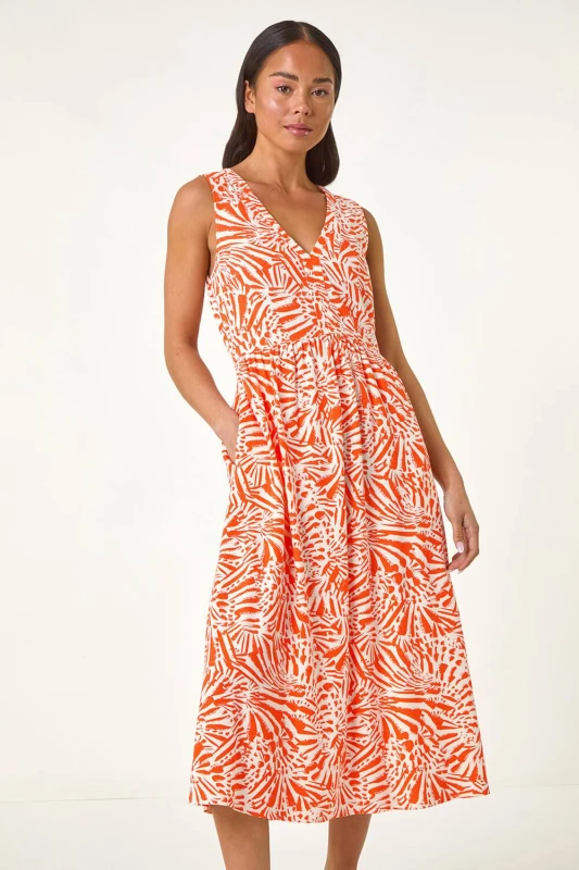 Image of Roman Womens Petite Linen Mix Midi Dress in Coral Size: 12 Coral Female 12