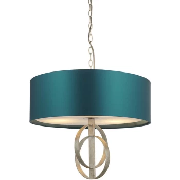 Image of Merano Lighting - Merano Trento 3 Light Ceiling Pendant Antique Silver Leaf & Teal Satin Fabric