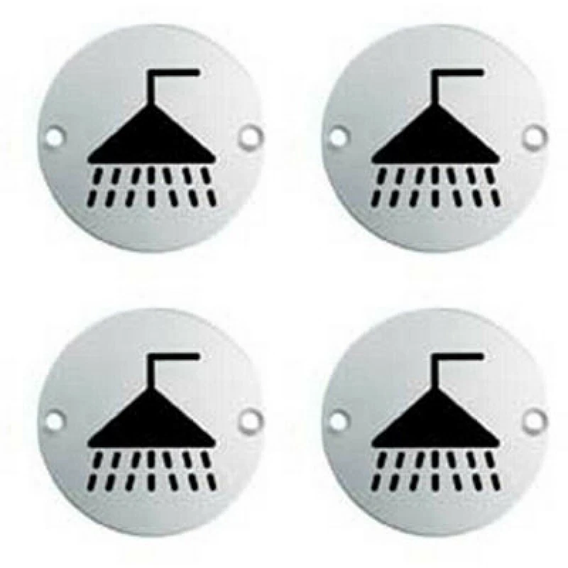 Image of Loops 4x Bathroom Door Shower Symbol Sign 64mm Fixing Centres 76mm Dia Satin Steel Metallics