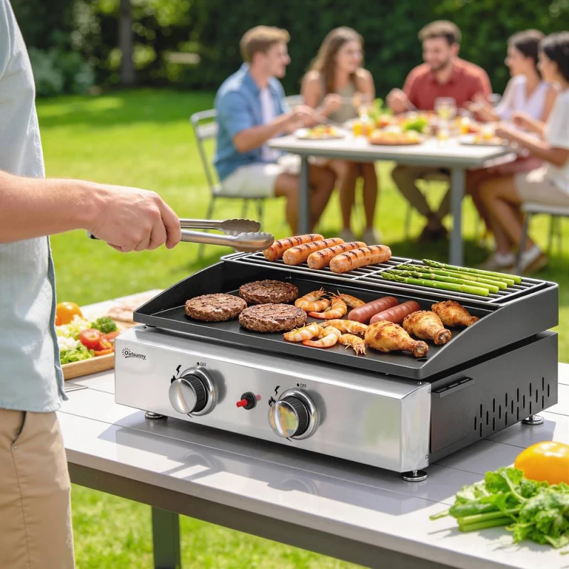 Image of OUTSUNNY 2 Burner Grill Griddle, Tabletop Gas BBQ with Grease Cup, Black Unisex