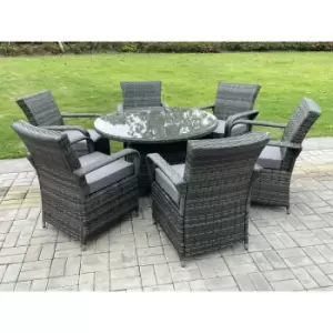 Image of Fimous 6 Seater Outdoor Dark Grey Rattan Lounge Complete Dining Table Set with Curved Arm Chairs and Big Round Table