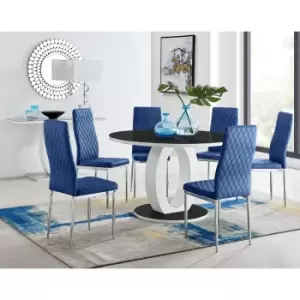 Image of Furniturebox UK - Furniturebox Giovani Black 120cm Round Dining Table and 6 Navy Velvet Milan Dining Chairs With Silver Legs
