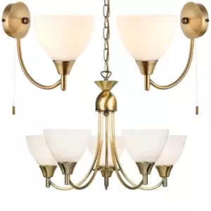 image of 5 Lamp Ceiling & 2x Wall Light Pack Antique Brass Glass Matching Indoor Fittings