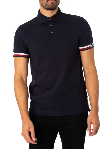 Image of Tommy Hilfiger Monotype Flag Cuff Slim Polo Shirt Desert Sky S