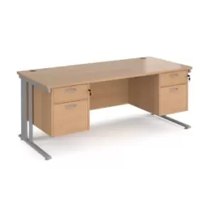 Image of Office Desk Rectangular Desk 1800mm With Double Pedestal Beech Top With Silver Frame 800mm Depth Maestro 25 MCM18P22SB